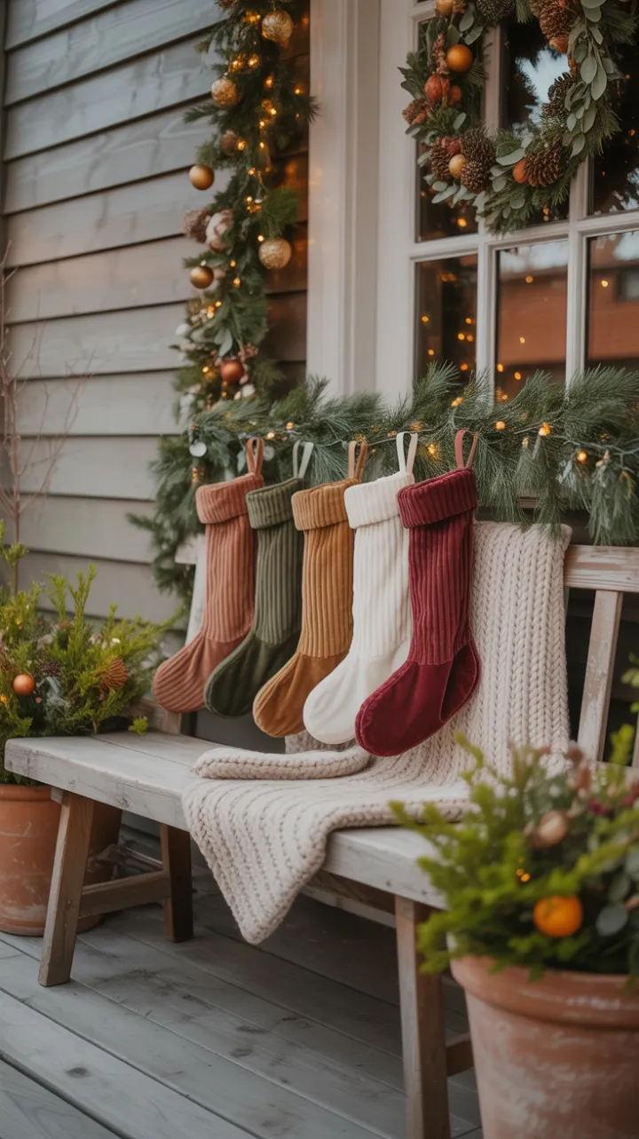 Sunlit Boho Christmas Porch With Velvet Stockings and Eucalyptus Garland