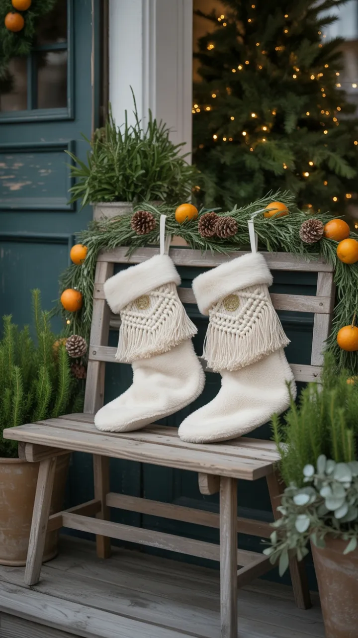 Bohemian Holiday Porch with Macramé Stockings and Warm Fairy Lights