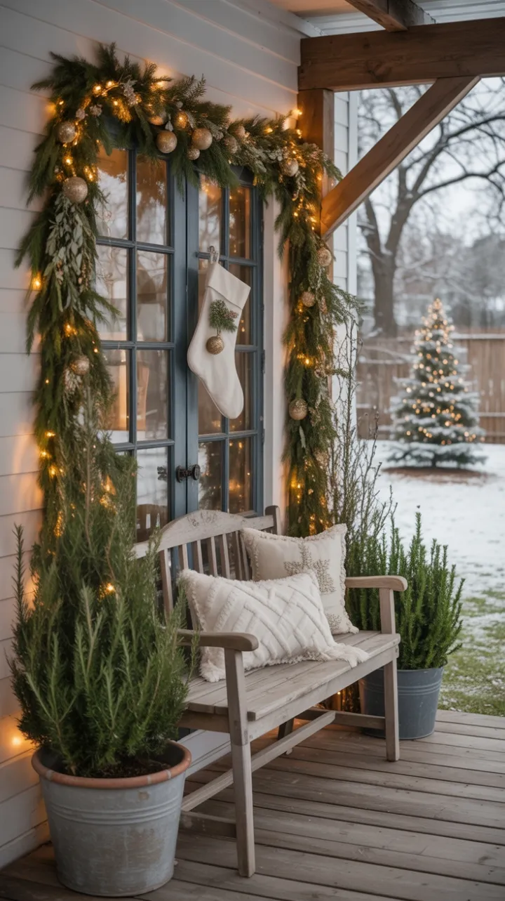 Bohemian Christmas Porch Wrapped in Twinkling Lights and Evergreen Greenery