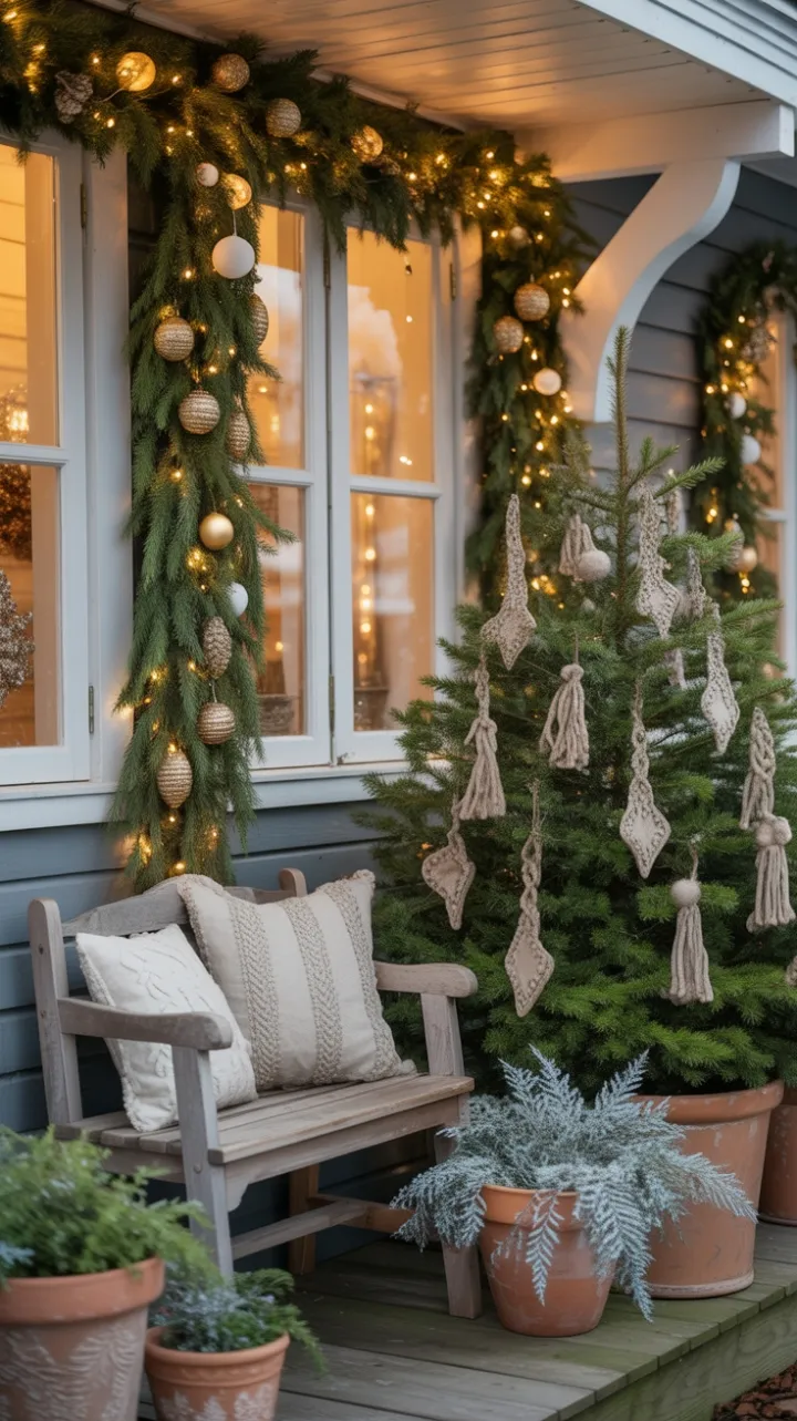 Boho Christmas Porch Bathed in Warm Lights and Vintage Charm