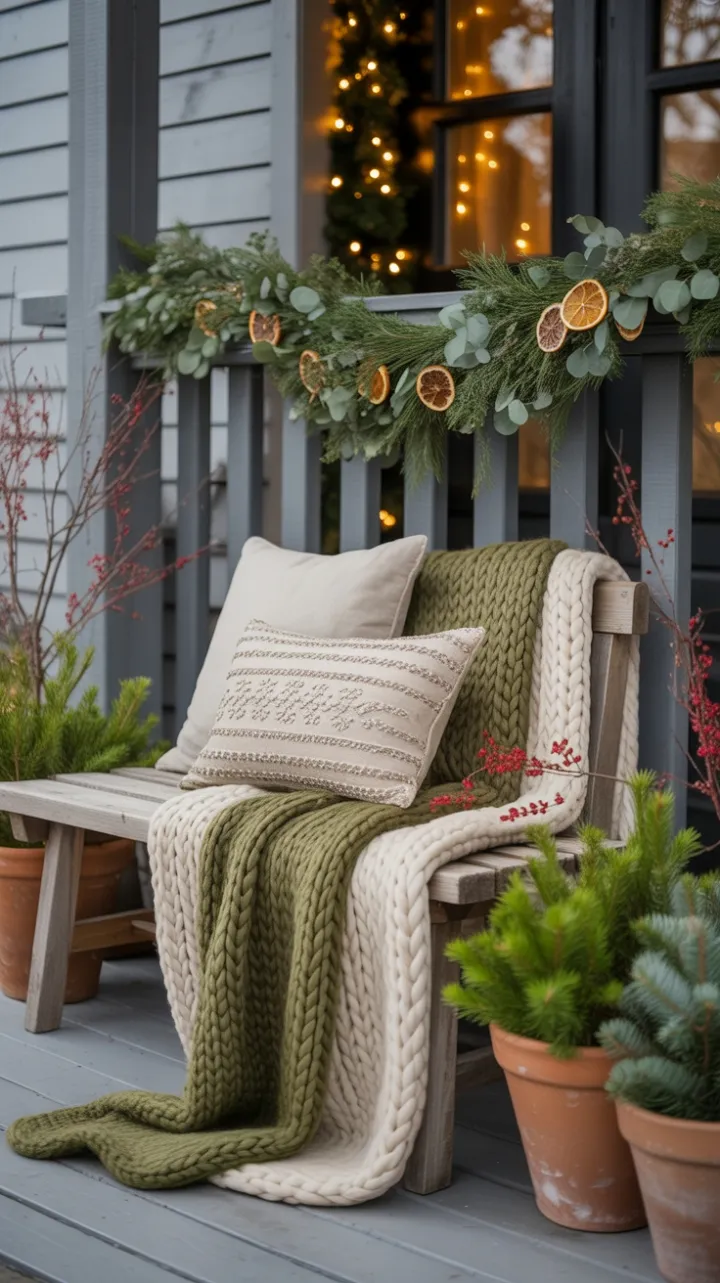 Bohemian Christmas Porch Dressed in Chunky Knits and Citrus Garland