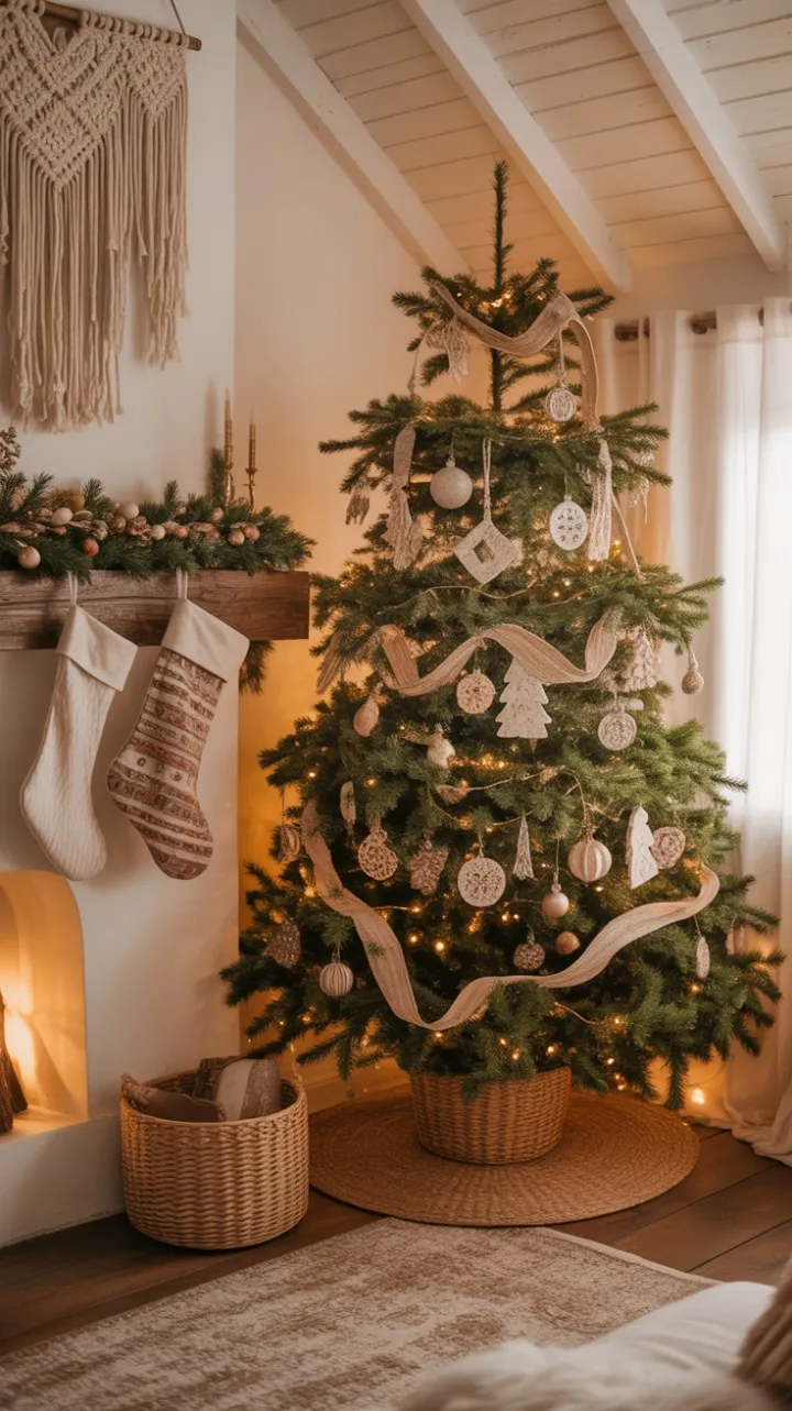 Cozy Boho Christmas Living Room with Handcrafted Tree and Macrame Mantel