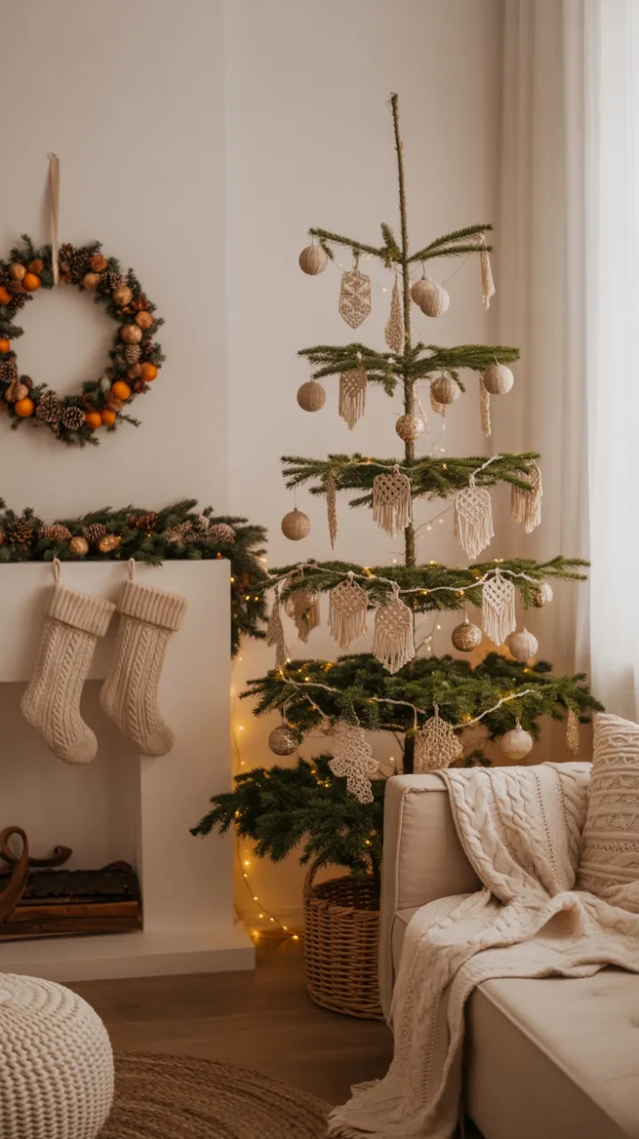 Bohemian Christmas with Macramé Ornaments, Golden Lights, and Cozy Neutrals