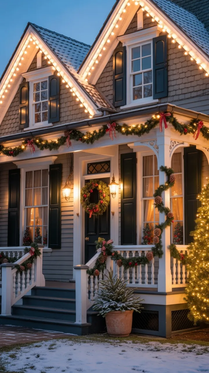Dusk-Kissed Victorian Home Wrapped in Christmas Lights