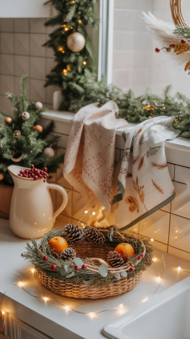 Bohemian Holiday Kitchen with Warm Lights and Natural Ornaments
