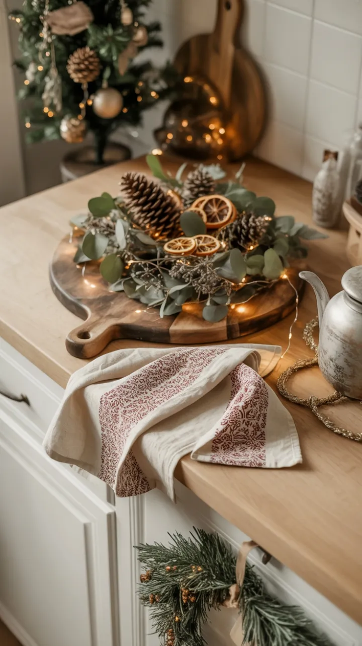 Cozy Bohemian Christmas Kitchen with Pinecones, Dried Orange and Fairy-Light Glow