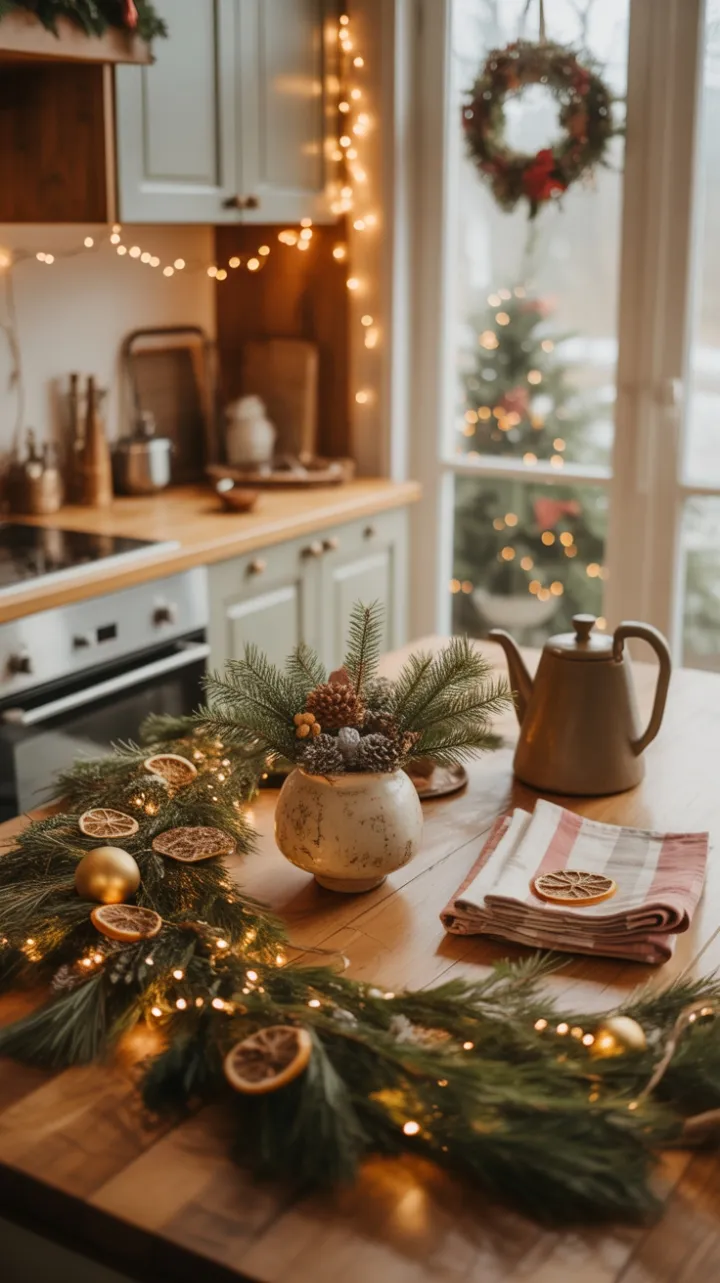 Rustic Bohemian Christmas Kitchen Bathed in Golden Light
