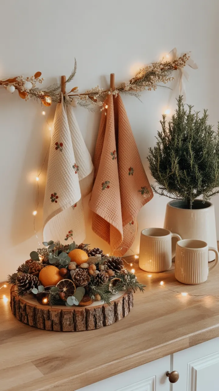 Warm Bohemian Christmas Kitchen with Rustic Centerpiece and Twinkling Lights