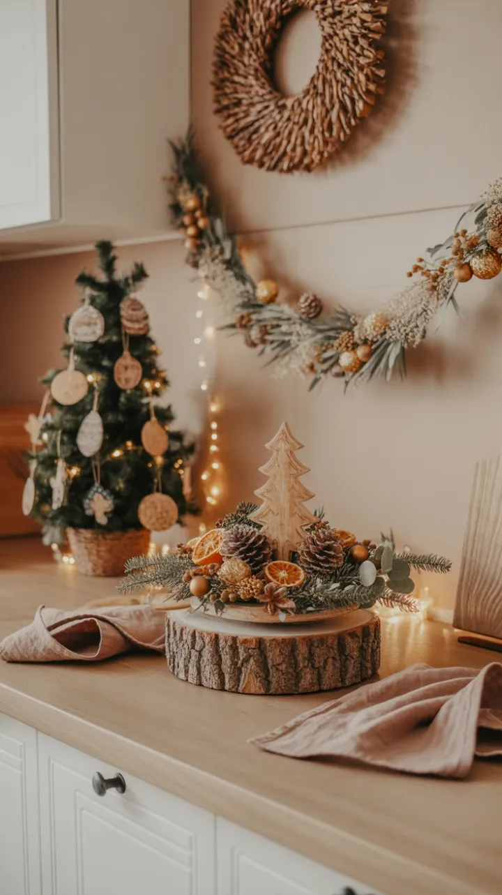Cozy Boho Christmas Kitchen with Rustic Pinecone Centerpiece and Golden Lights