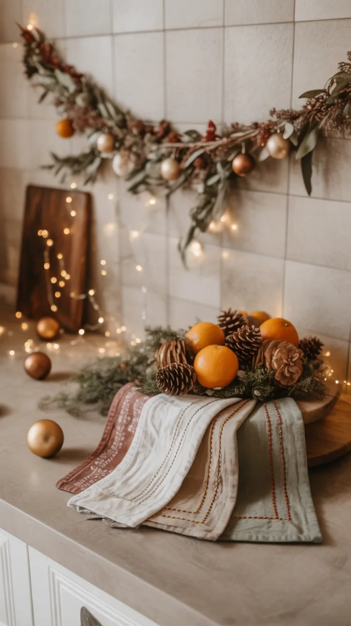 Bohemian Christmas Kitchen of Linen, Dried Oranges and Twinkling Light