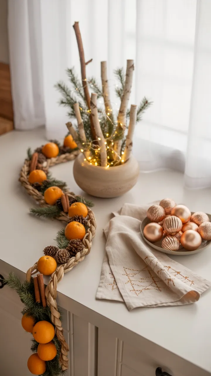 Warm Boho Christmas Countertop Adorned with Dried Oranges and Fairy Lights
