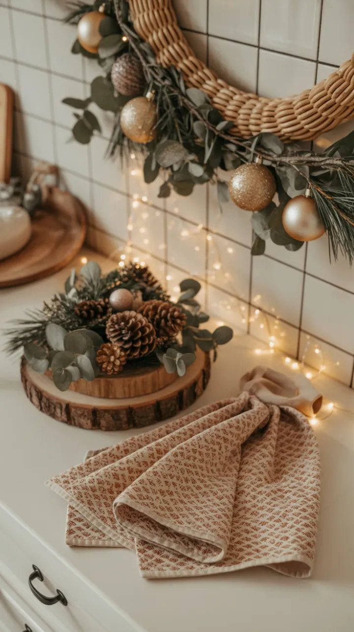 Cozy Boho Christmas Kitchen with Twinkling Garland and Rustic Pinecone Centerpiece