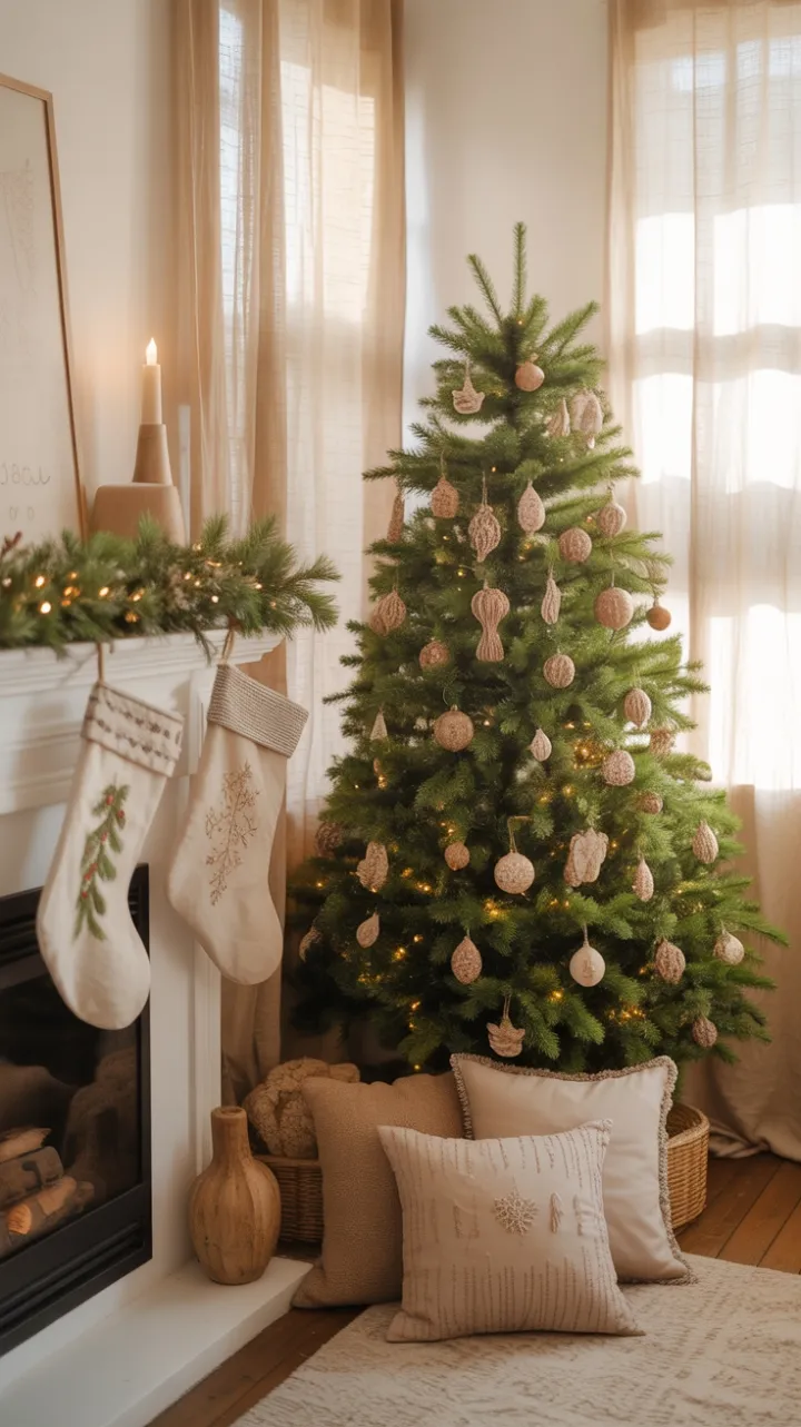 Sunlit Bohemian Christmas Living Room with Handmade Charm