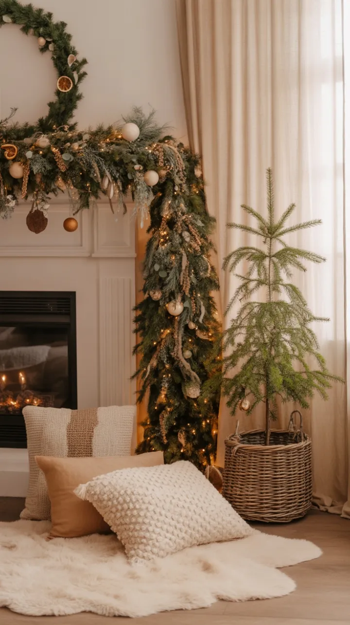 Cozy Bohemian Christmas Nest with Twinkling Garland and Textured Layers