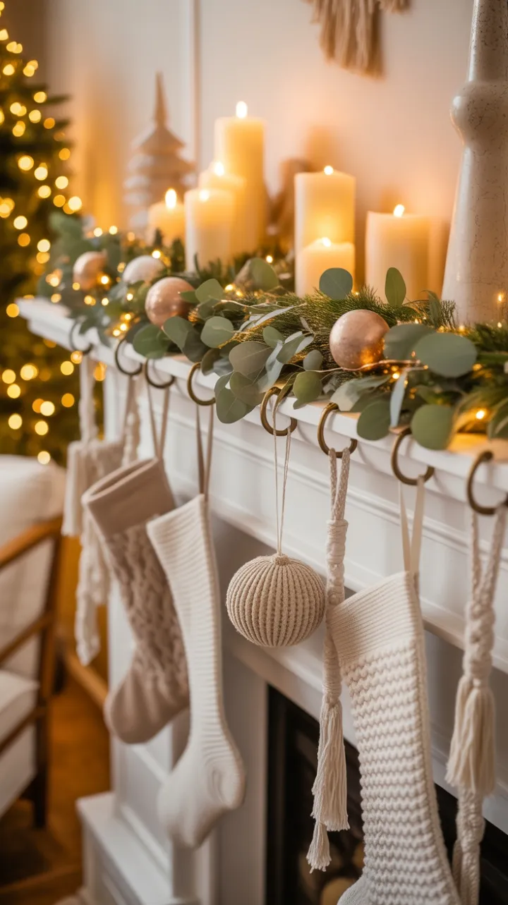 Bohemian Christmas Mantel Dressed in Eucalyptus, Handmade Clay Ornaments, and Twinkling Lights