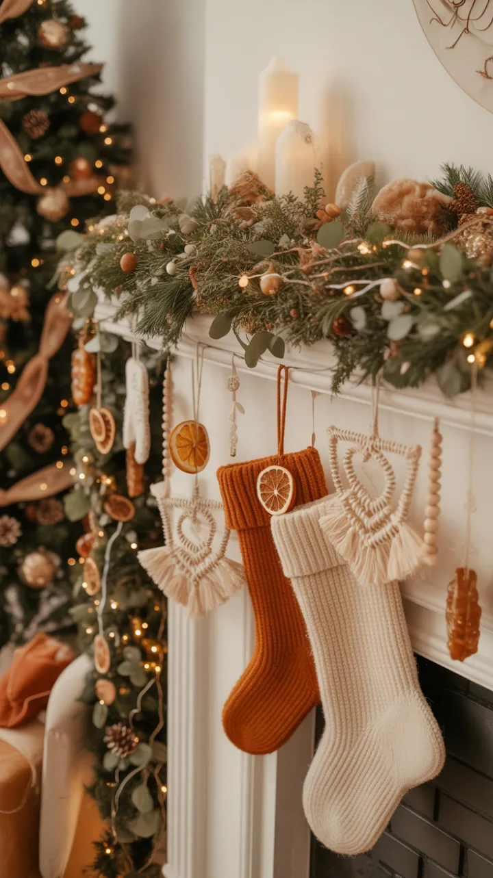 Bohemian Christmas Mantel Draped in Pine, Eucalyptus and Fairy Light Glow