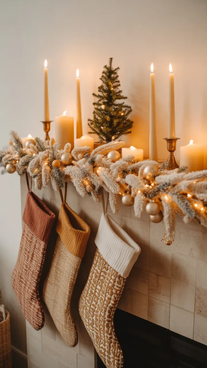 Cozy Rustic Boho Christmas Mantel Bathed in Golden Light