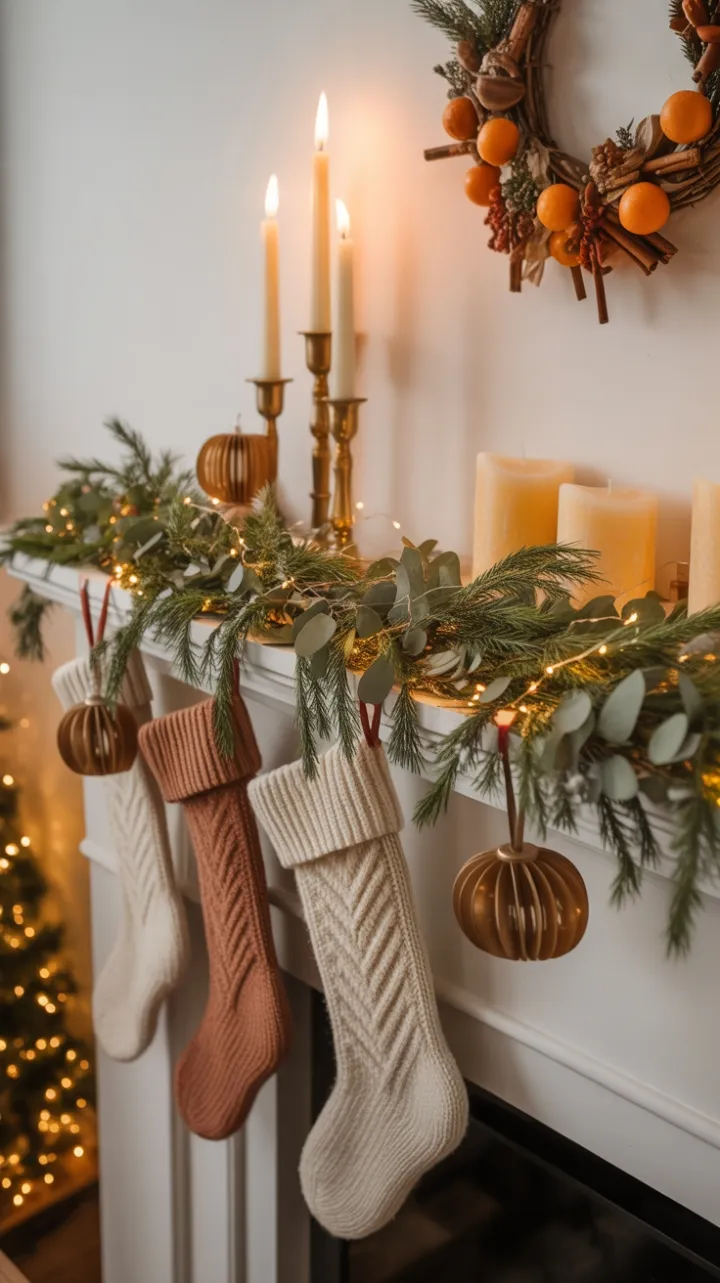 Cozy Boho Christmas Mantel of Eucalyptus Knits and Candlelight