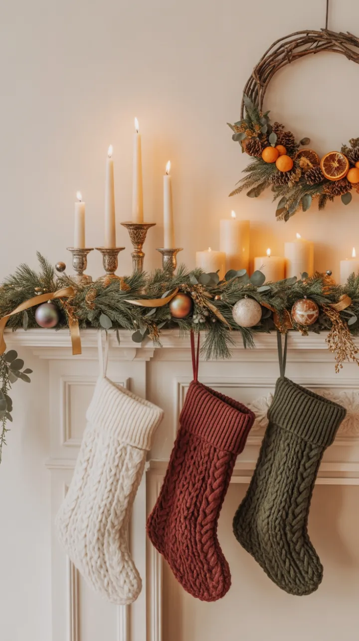 Warm Bohemian Christmas Mantel Draped in Pine Eucalyptus and Knit Stockings