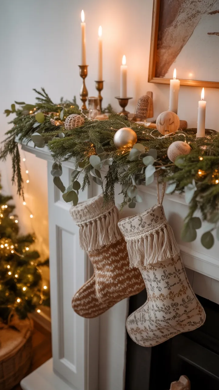Boho Christmas Mantel Woven with Pine, Macramé, and Warm Light