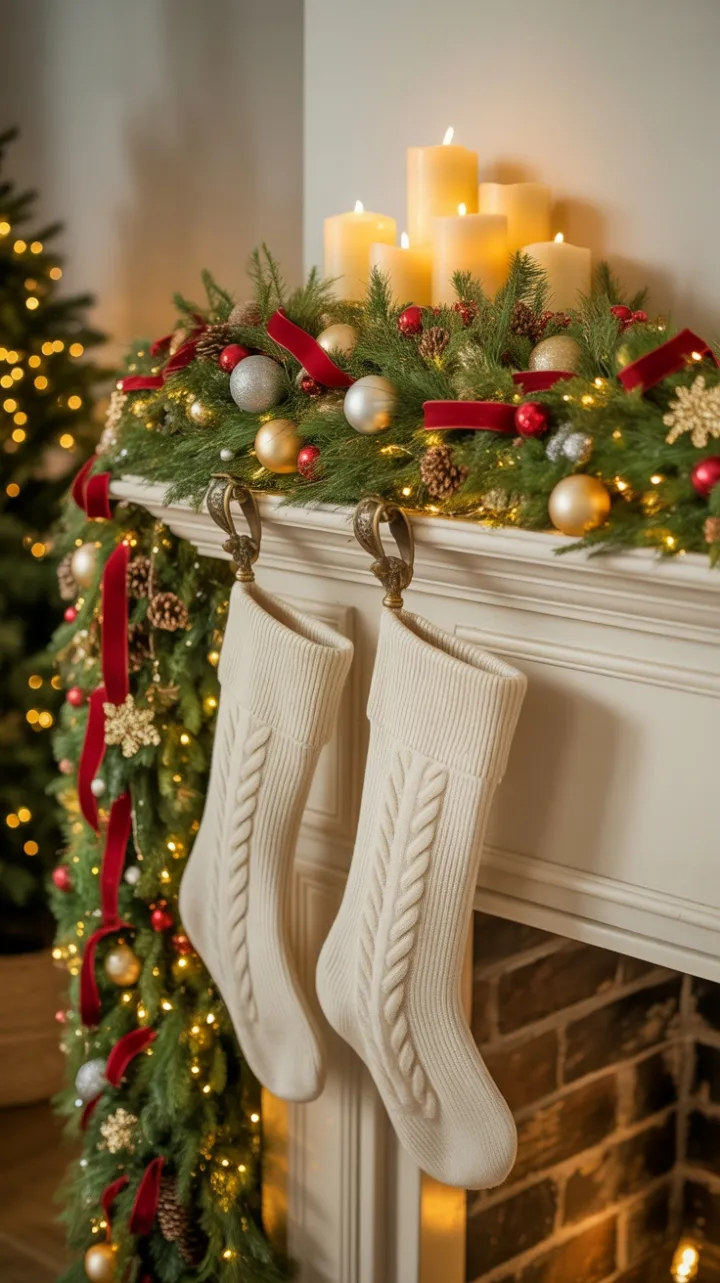 Candlelit Holiday Mantel Dressed in Velvet Ribbons and Twinkling Garland