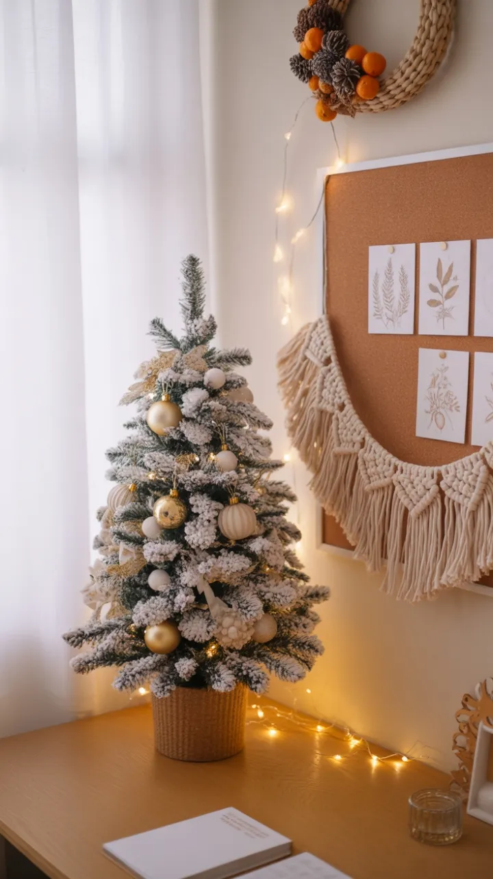 Cozy Boho Christmas Desk with Flocked Tree and Golden Fairy Lights