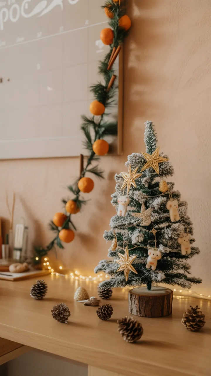 Cozy Boho Christmas Desk with Flocked Mini Tree, Cinnamon Garland, and Warm Fairy Lights