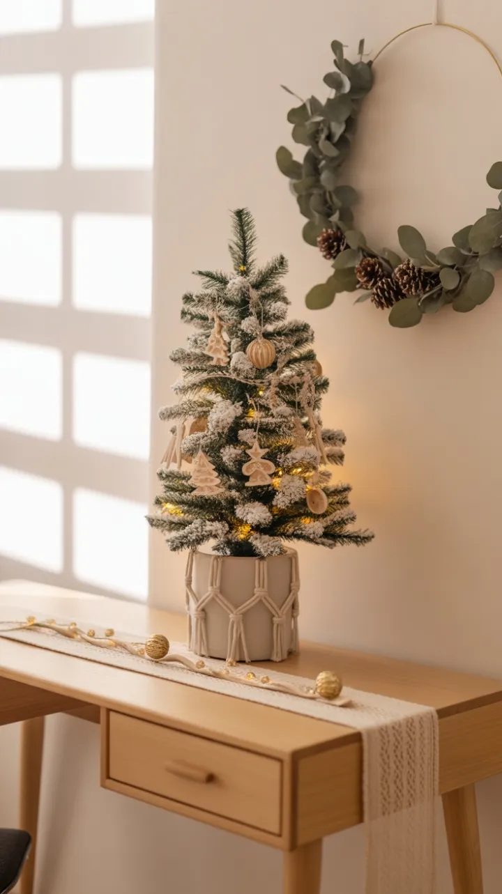 Sunlit Boho Holiday Desk with Flocked Mini Tree and Natural Accents