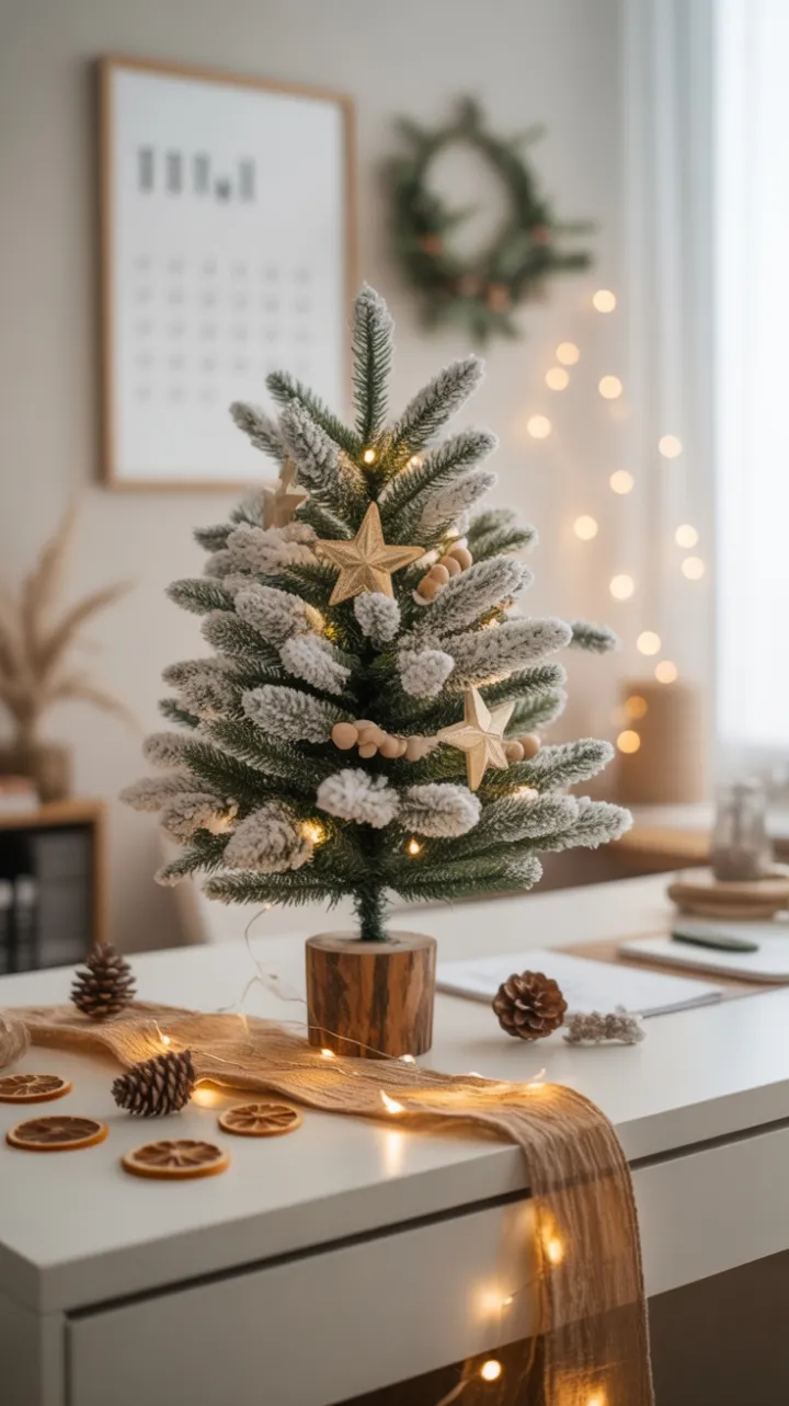 Cozy Boho Christmas Desk Dressed in Flocked Fir and Warm Natural Accents