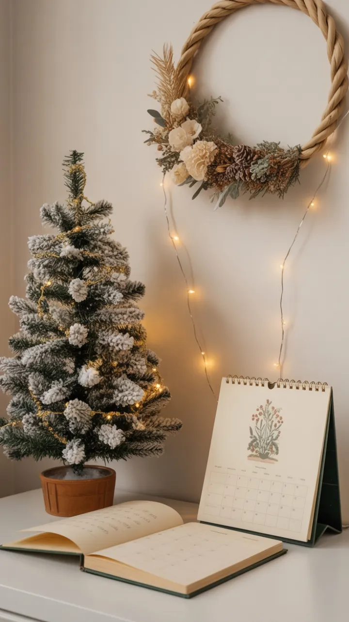Bohemian holiday desk dressed in flocked pine, dried flower wreath and golden lights