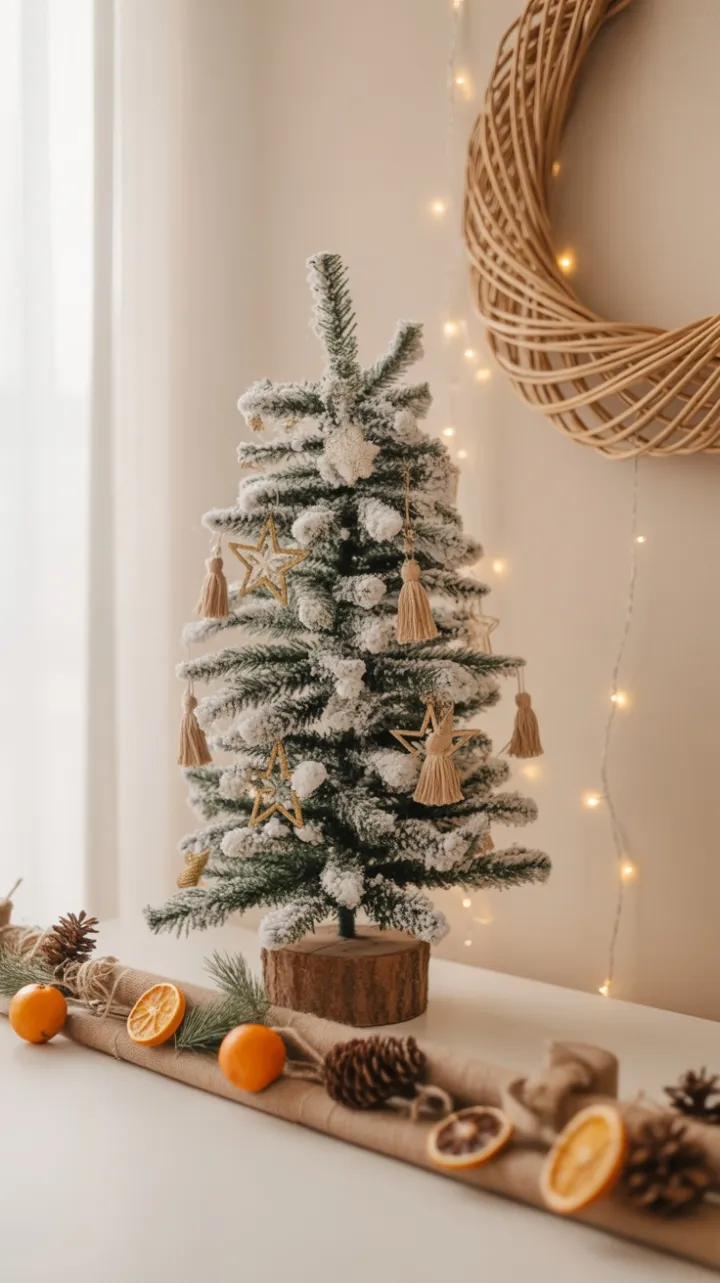 Cozy Boho Christmas Desk with Flocked Mini Tree and Rustic Orange Garland
