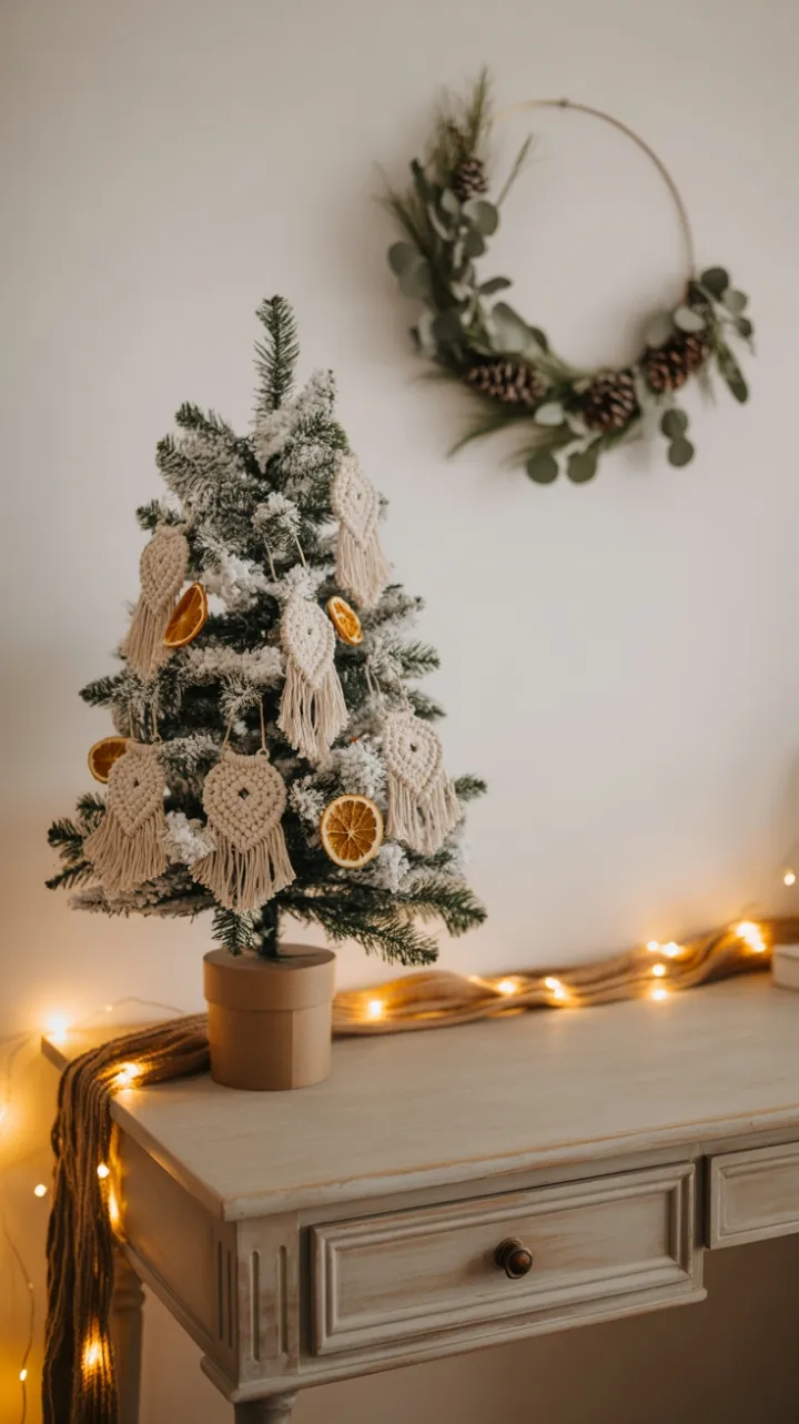 Cozy Boho Christmas Desk with Flocked Tree and Macramé Charm