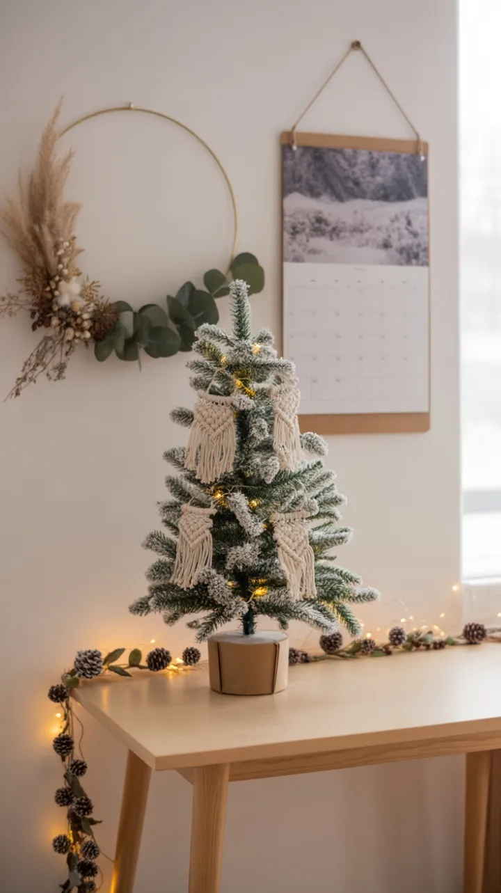 Golden-Hour Boho Holiday Desk with Macramé Tree and Pampas Wreath