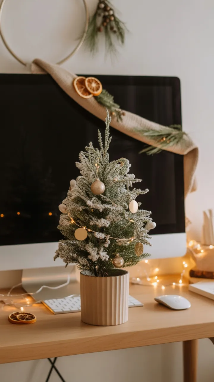 Warm Boho Christmas Desk with Flocked Juniper and Golden Lights