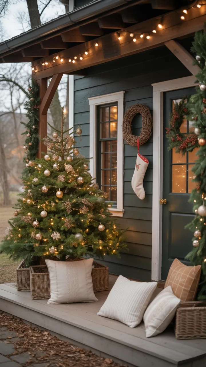 A Cozy Rustic Christmas Porch Aglow with Twinkling Lights