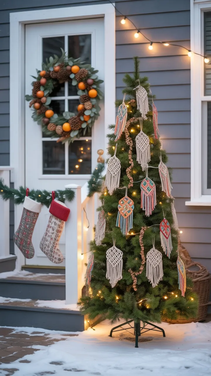 Snow-Kissed Bohemian Christmas Porch with Macramé Ornaments and Citrus Wreath