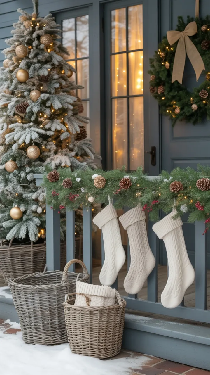Snow-Kissed Rustic Porch Wrapped in Warm Holiday Glow