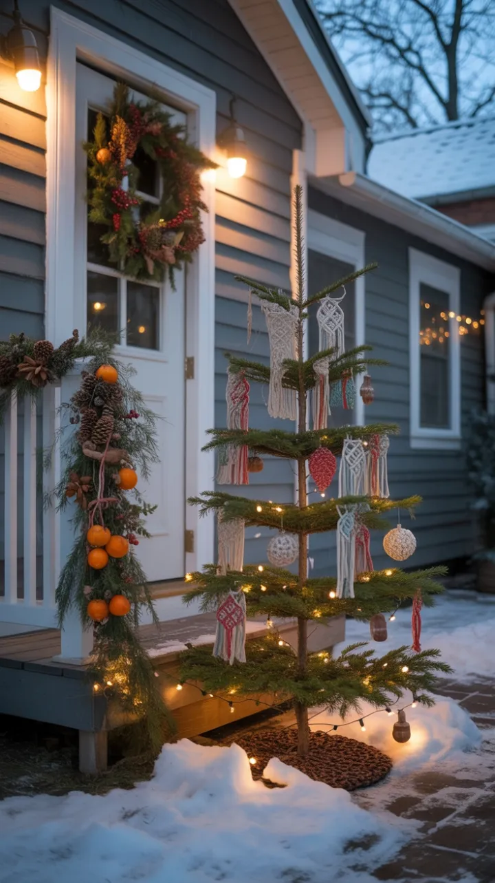 Dusk-Lit Bohemian Christmas Porch with Snow-Kissed Macramé Ornaments