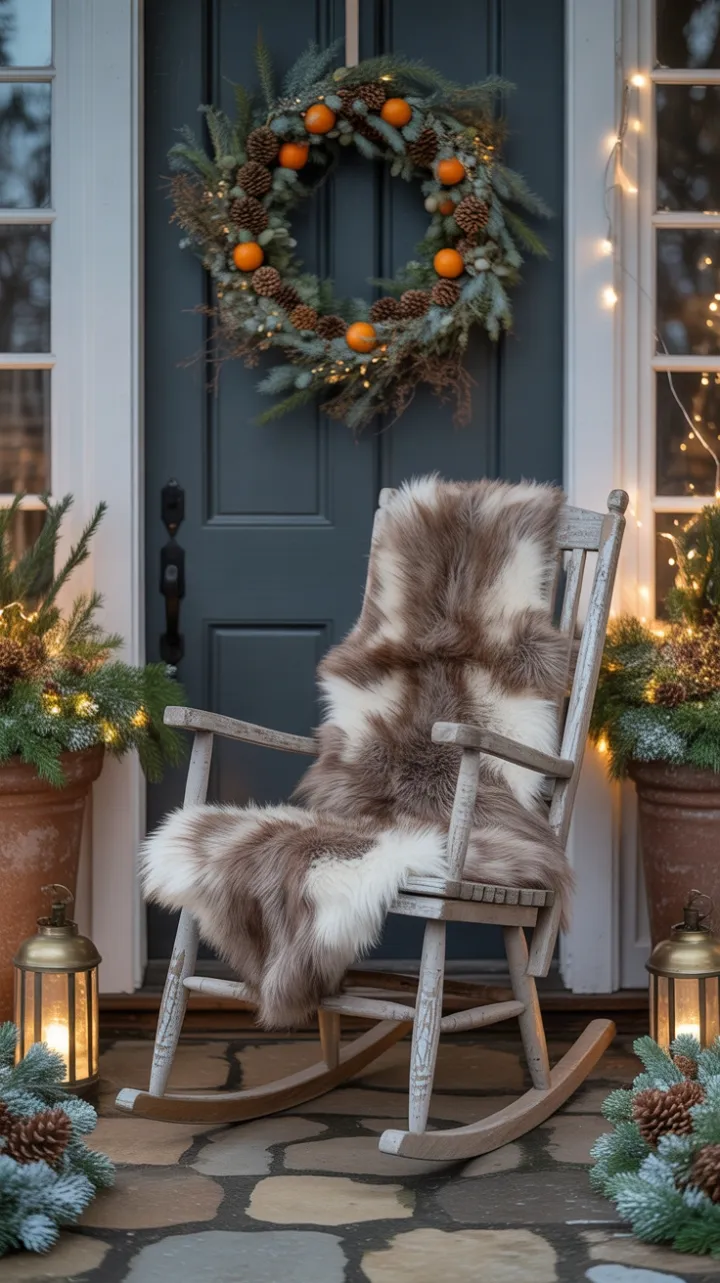 Lantern-Lit Boho Christmas Porch with Weathered Rocking Chair and Evergreen Glow