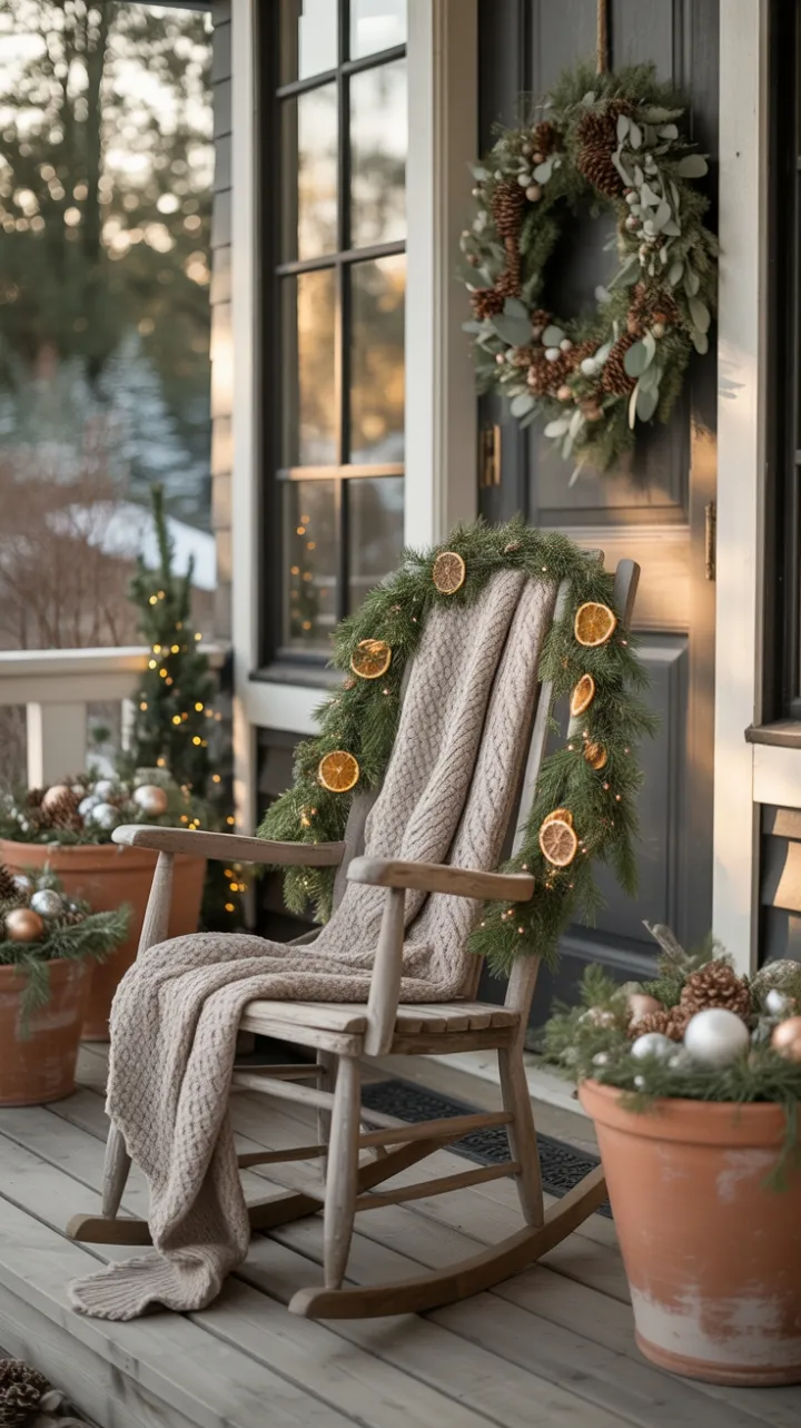 Sunlit Boho Christmas Porch with Rustic Rocking Chair and Orange-Scented Garland