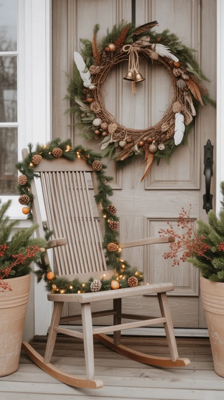 Rustic Boho Christmas Porch Wrapped in Warm Fairy Lights and Dried Orange Cheer