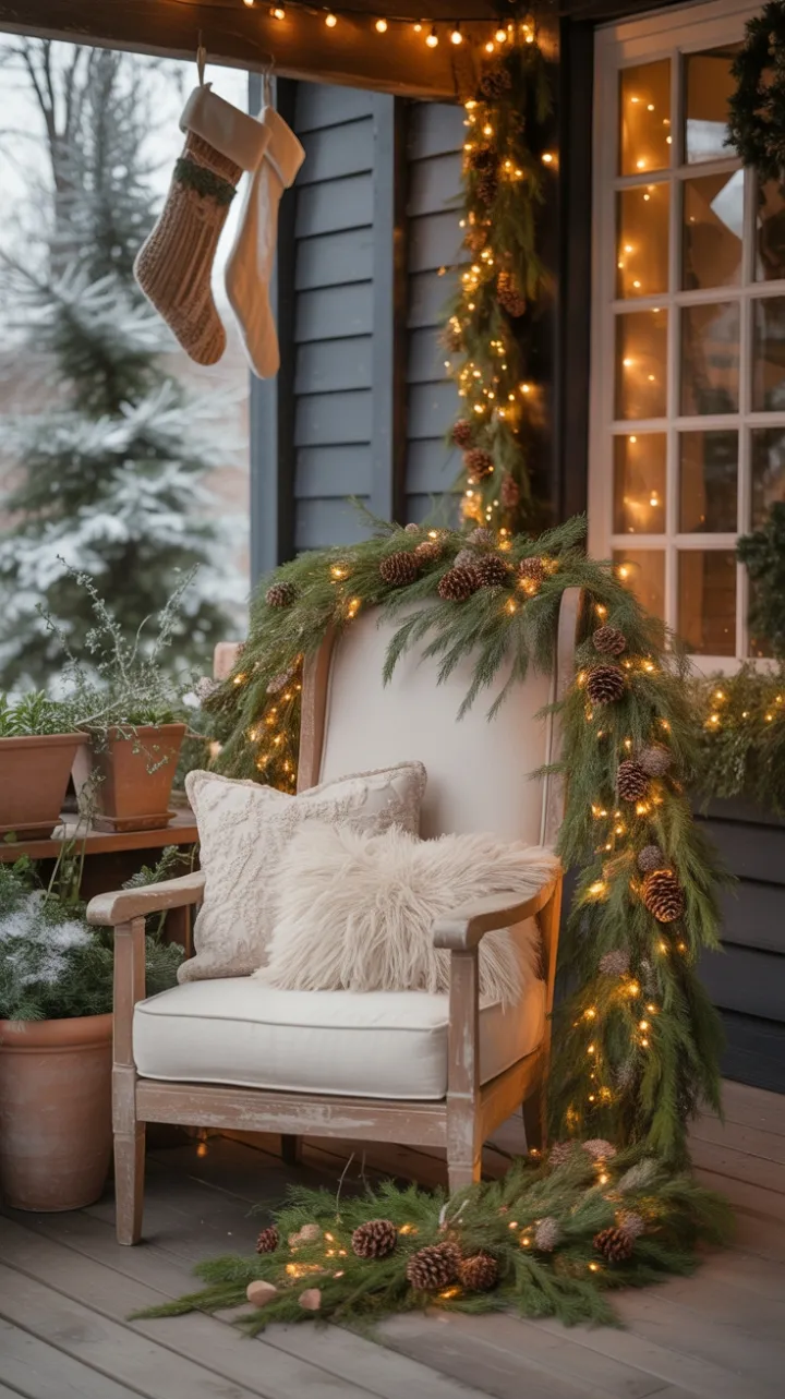 Cozy Boho Christmas Porch Wrapped in Twinkling Garland and Snow-Kissed Evergreens