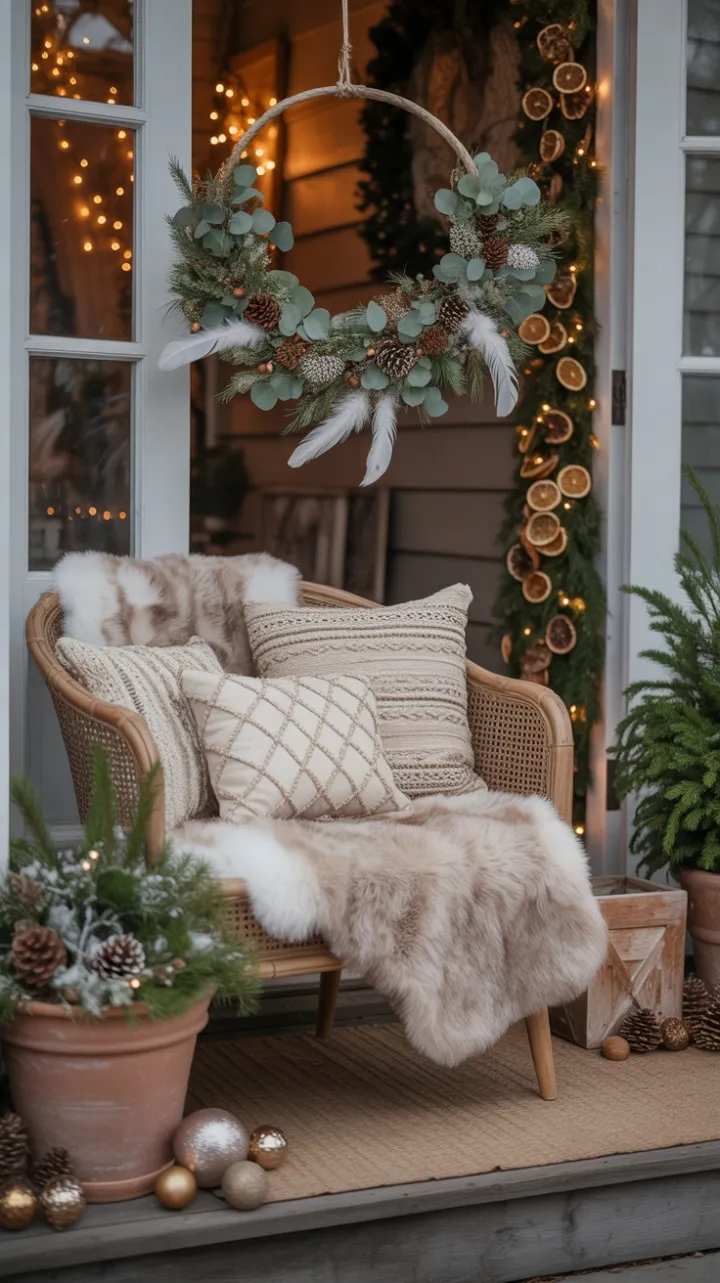 Dusk-Kissed Bohemian Christmas Porch Wrapped in Faux Fur and Fairy Lights