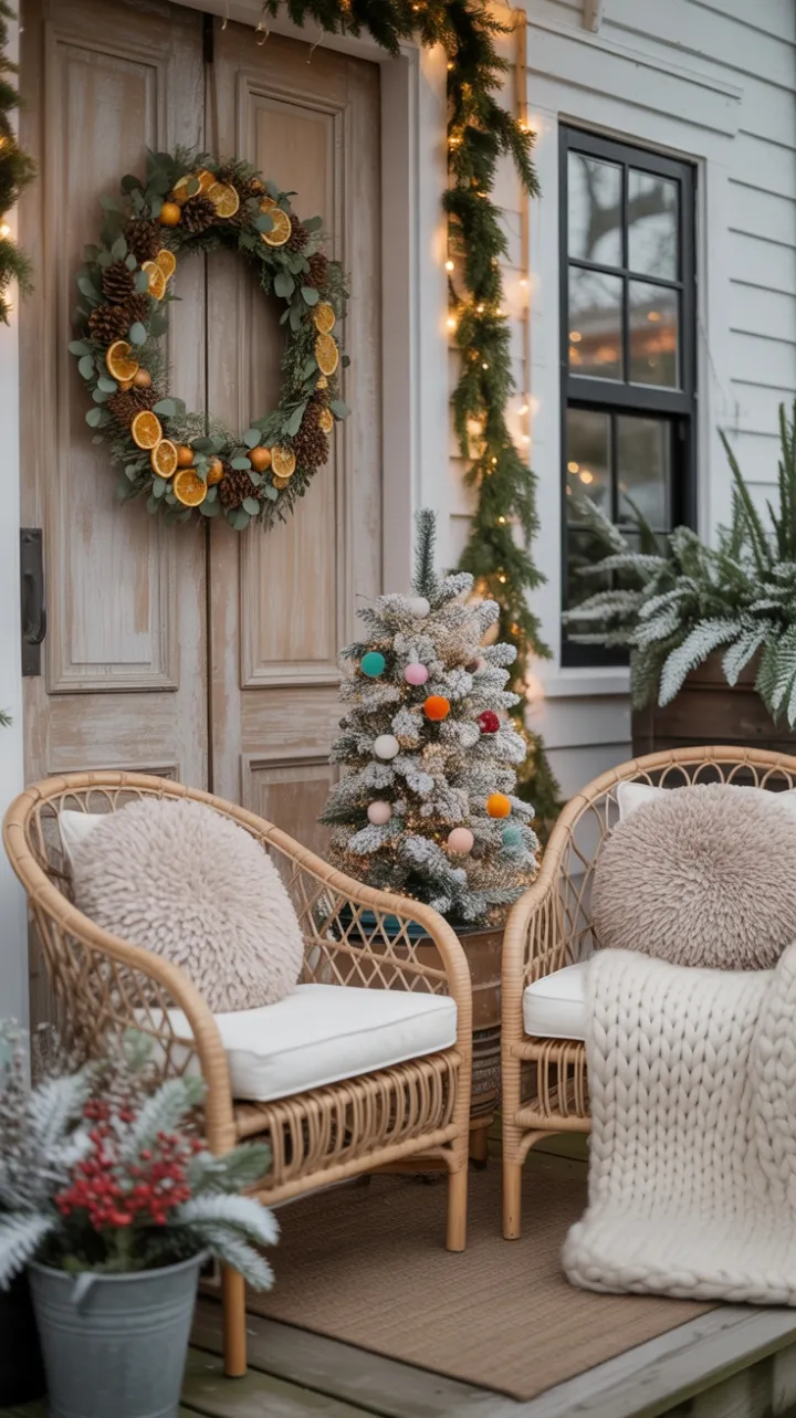 Bohemian Christmas Porch with Citrus Wreath, Chunky Knits and Twinkling Lights