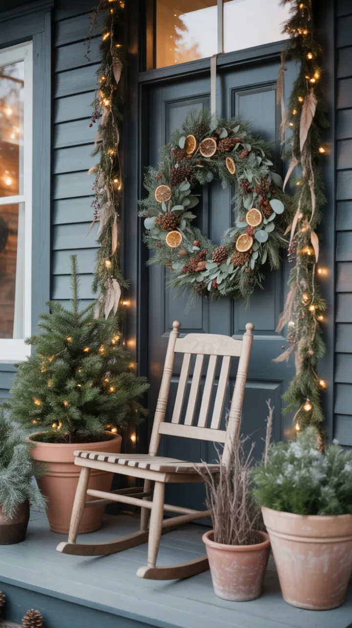 Bohemian Holiday Porch with Citrus Wreath and Rustic Charm