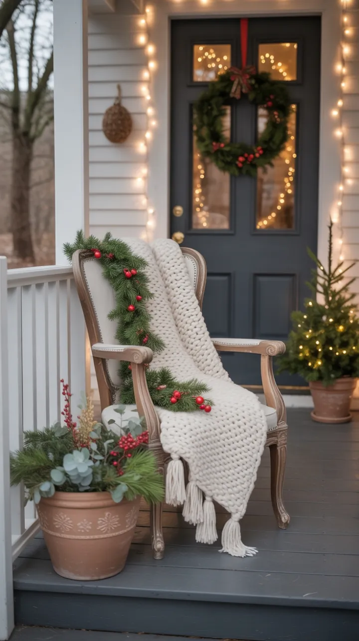Cozy Bohemian Christmas Porch Bathed in Twinkling Light