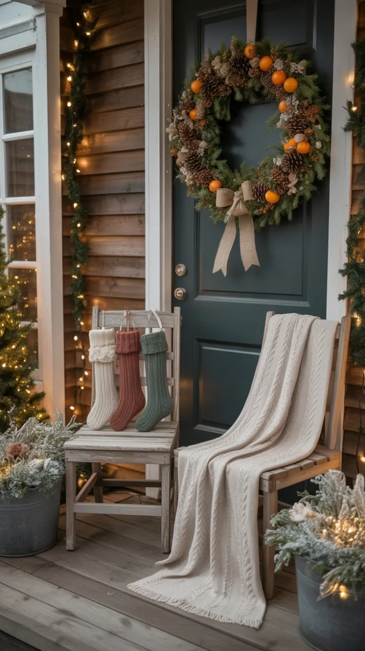 Cozy Bohemian Christmas Porch with Dried Orange Wreath and Twinkling Lights