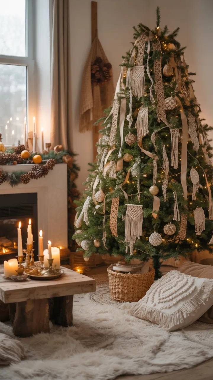 Cozy Bohemian Christmas with Macramé Ornaments, Candlelight, and Natural Warmth