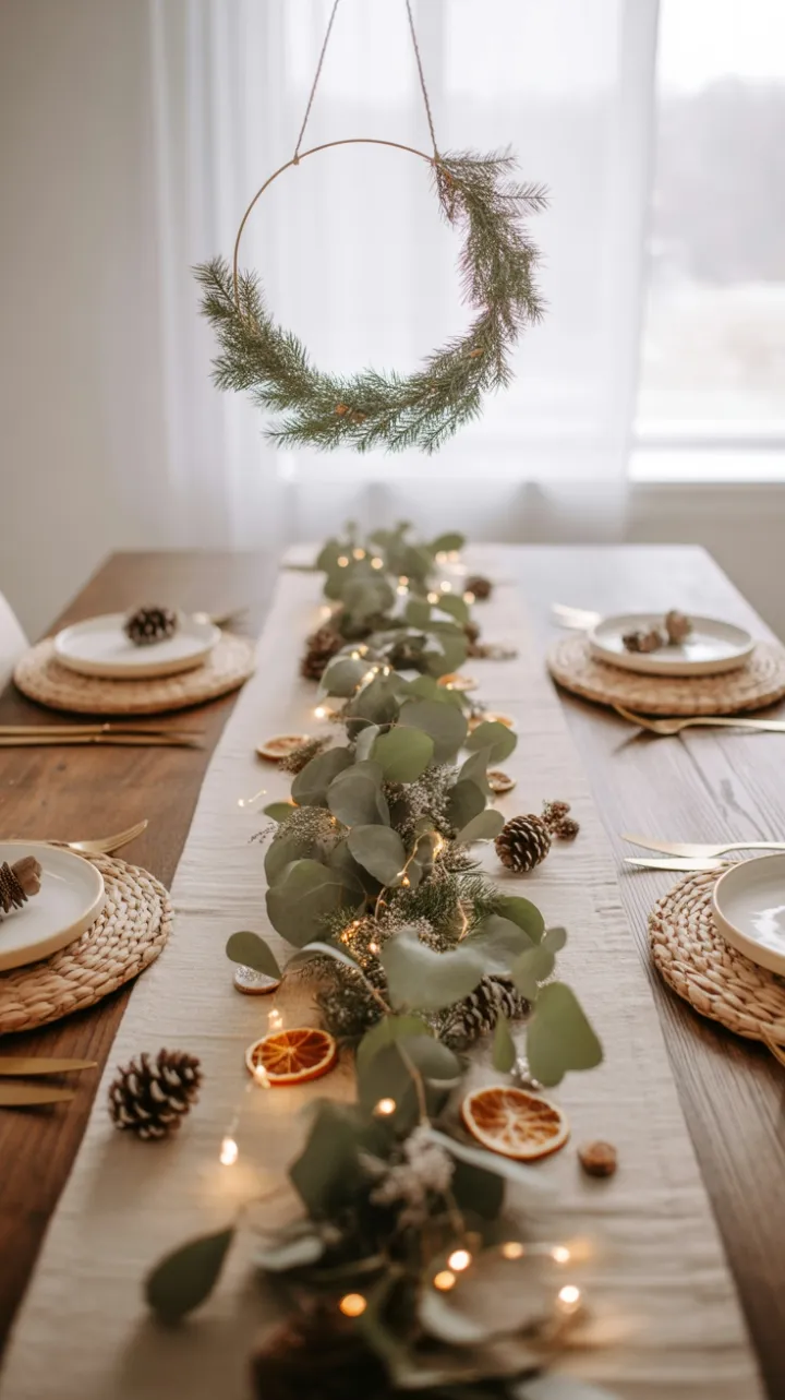 Cozy Boho Christmas Table with Eucalyptus Garland and Golden Wreath