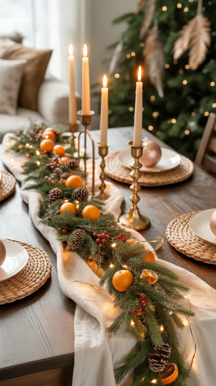 Boho Rustic Christmas Table of Dried Oranges, Pinecones and Antique Gold Glow